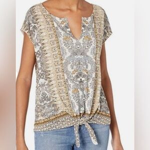 Lucky Brand NWT cream& Tan Ornate Floral Tie Waist Knit Top Size Large